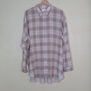 Aritzia Wilfred Shirt Women L Plaid Buttons Silk LS Stepped Hem Lightweight Boho